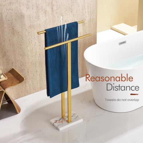 Brushed Gold Standing Towel Rack with Marble Base - 2-Tier Bathroom Towel Holder