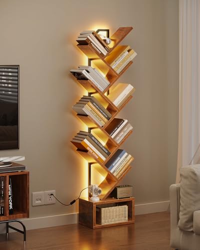 Small Vintage Tree Bookshelf with RGB LED Lights, 8-Tier Space-Saving Design