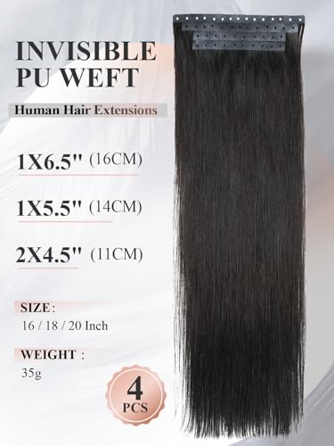20 Inch Black Human Hair Extensions Micro Ring Weft - Glueless Natural Black Remy Hair Set 35g