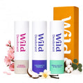 Wild Aluminum Free Mini Deodorant Set with Fresh Cotton & Sea Salt, Coconut & Vanilla, Cherry Blossom - Travel-Friendly, 24-Hour Odor Protection - Women & Men - Pack of 3