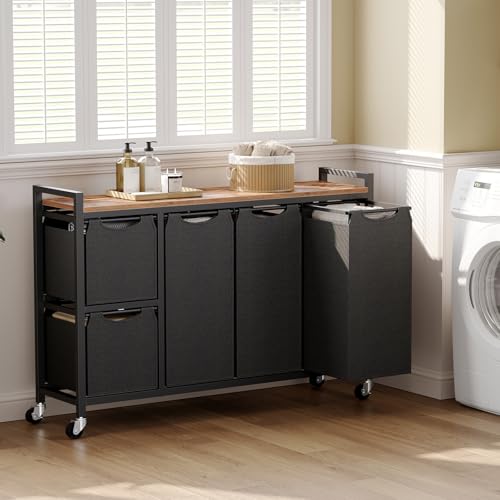 HOOBRO Laundry Sorter with 5 Compartments & Removable Bags, Rustic Brown, 170L Capacity