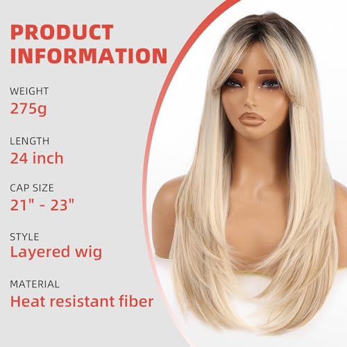 Allbell Ombre Blonde Long Straight Layered Wig 24 Inch Natural Look Synthetic Heat-Resistant for Women - Middle Part