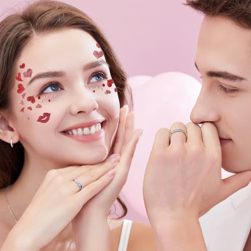 Valentines Temporary Tattoos Glitter Fake Tattoos Red Heart Lip Tattoo Stickers Eyes Face Gems Stickers for Women Girls Makeup Holiday Party Supplies 2Pcs