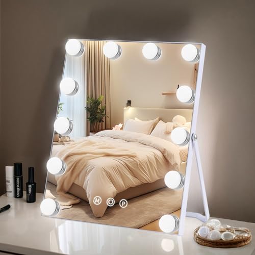 Lighted Makeup Mirror, Hollywood Vanity Mirror with Lights, Makeup Mirror with Lights for Desk, 3 Color Modes and 12 Dimmable Bulbs, Smart Touch Control