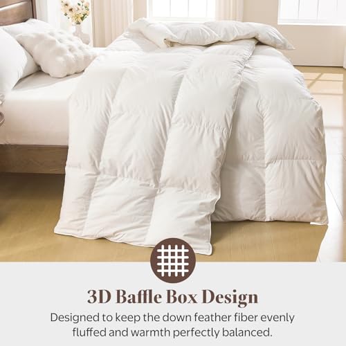 All Season Twin Size Goose Feather Down Comforter - White, Hypoallergenic, Organic Cotton Shell