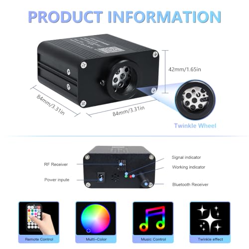 WEBUPAR 16W Car RGBW Fiber Optic Star Headliner Kit 550 pcs 13.1ft Twinkle & Music