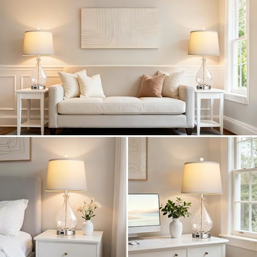 Set of 2 Bedside Lamps with Crackle Glass & Silver Finish - Touch Dimmable with USB Charging Ports