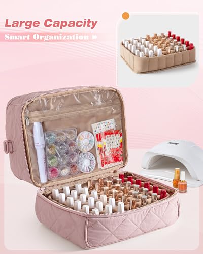 Pink Quilted Nail Polish Organizer Bag Holds 42 Bottles & Nail Lamp