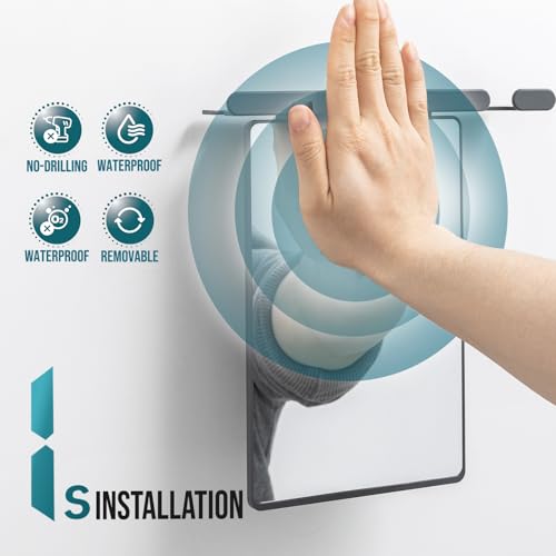 Fogless Shower Mirror with Suction Mount and Storage Rack - Grey, Rectangular, 10.1"L x 9.8"W