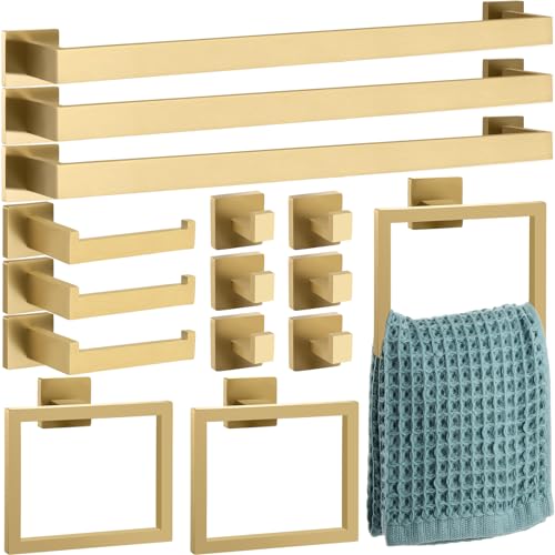 Gold Bathroom Hardware Accessories Set - 15 Pcs Wall Mount Towel Bar, Ring, Holder & Hooks - Modern Concealed Screw Design