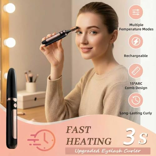 2026 Heated Eyelash Curler-USB Rechargeable Electric Eyelash Curler- Eyelash Curlers Heated 4 Temperature Modes Fast Heat Up Within 3s - 24 Hours Long Lasting- with Led Display for Women Girls(Black)