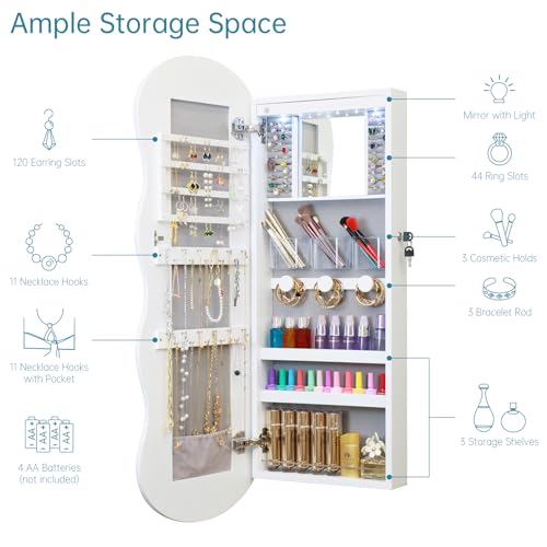 Whitebeach 42.5x17.3in LED Jewelry Armoire Cabinet Wall/Door Mount, Lockable Mirror Organizer