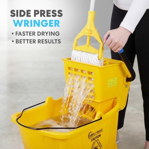 2-Pack 35 Quart Commercial Mop Buckets with Wringer and Sign - Yellow