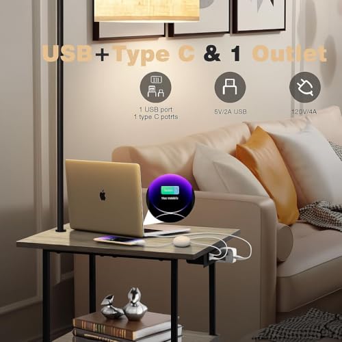 Vintage Grey Floor Lamp with 3-Tier Side Table and Charging Station