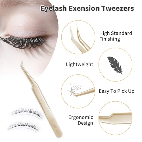 MGER Eyelash Extension Tweezers, Professional Curved Pointed Isolation Tweezers for Classic Individual Volume Mink Lash Extensions, Pointed Tweezers Stainless Lash Extensions, Gold tweezers