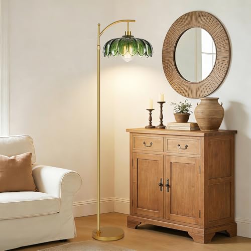 Dimmable Green Glass Floor Lamp with Remote - Mid Century Modern Brass Tall Arc Lamp, 02-Floor Lamp