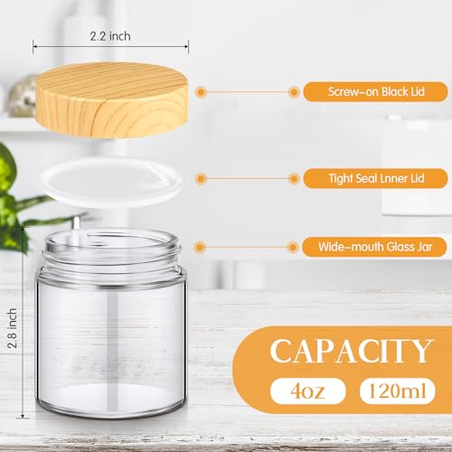 Norme 36 Pcs 4 oz Glass Jars with Lids Empty Small Glass Containers and Inner Liners Reusable Cosmetic Jars Round Airtight Bottles with Plastic Woodgrain Lids for Travel