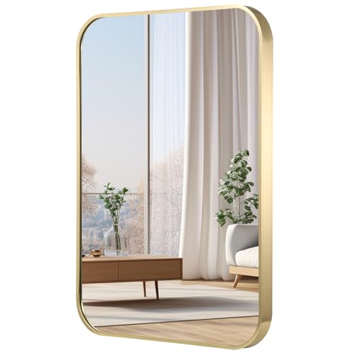 JENBELY 30x36 Inch Gold Bathroom Mirror Brushed Brass Rectangular with Rounded Corners - Light Gold