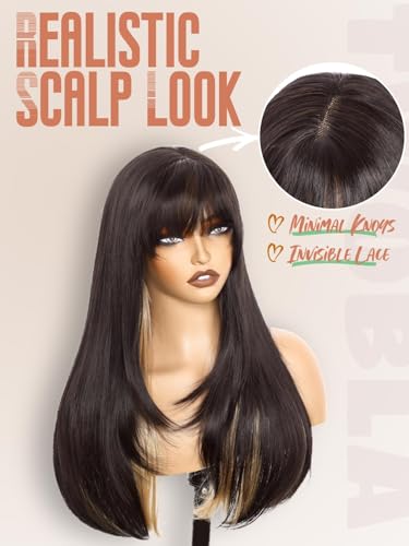 Black Synthetic Wig with Bangs - 26 Inch Long Straight Layered Style for Women, Heat Resistant & Natural Look
