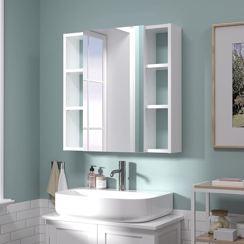 Wall-Mounted Bathroom Cabinet with Mirror, 2 Mirrored Doors, Adjustable Shelves, White