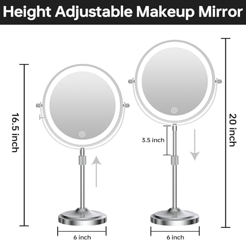 9-Inch Lighted Makeup Mirror with 1X/20X Magnification - Chrome, Adjustable Height