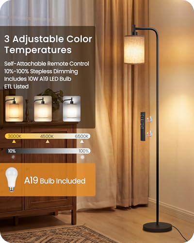 GOEBLESON Dimmable Floor Lamp with Remote & 10W Bulb - Black & Beige Finish