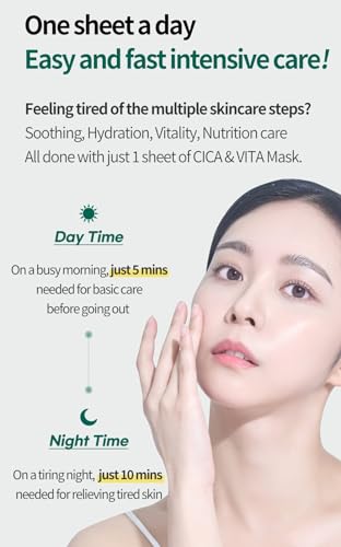 COSNORI Cica & Vitamin Daily Face Mask Pack - 30 Sheets, Vegan, Hydrating Korean Skin Care