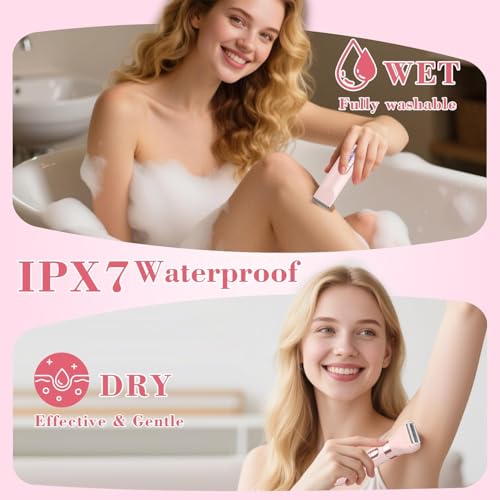 Hatteker 4-in-1 Women's Electric Razor, Dual-Head Body Hair Trimmer for Women, IPX7 Waterproof Rechargeable Bikini Trimmer & Facial Hair Remover for Legs, Armpits, Face, Nose, Eyebrows, Pink
