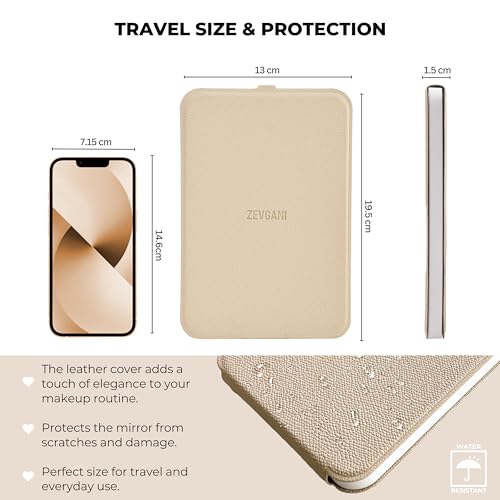 ZEVGANI Travel Lighted Makeup Mirror, 3-Color Dimmable LED Lighting, USB Rechargeable Light up Portable Tabletop Folding Vanity Cosmetic Mirror, Leather Cover Beige