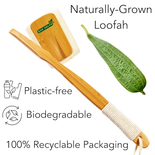 Natural Loofah Shower Scrubber w/Removable Bamboo Handle, Gentle Exfoliation, Long-Ergonomic Handle w/Hemp Rope Grip, Extra Loofah Included for Close Washing, Plastic-Free, Eco-Friendly