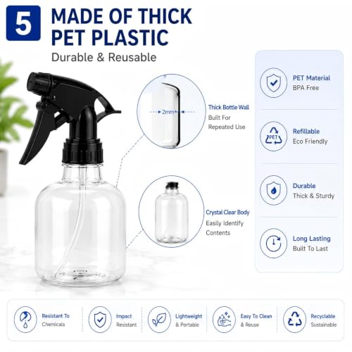 20 Pack 8 Oz Refillable Plastic Spray Bottles with Adjustable Nozzles