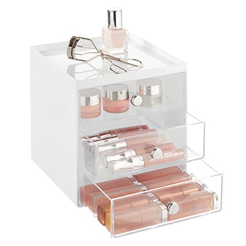 mDesign Makeup Organizer Storage Cube with 3 Drawers - White/Clear