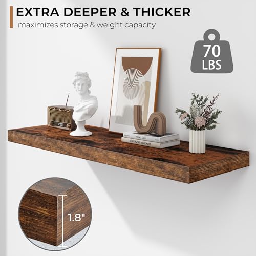 Rustic Brown Floating Shelves 36 Inch - Deep & Thick Wall Storage Set for Living Room & Kitchen - 2 Pack