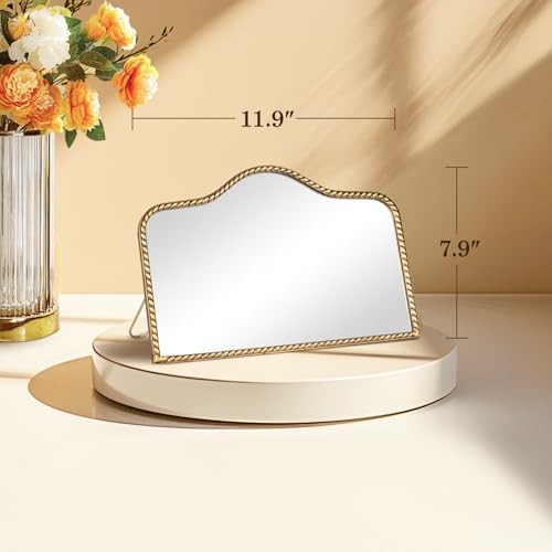 Vintage Small Desk Mirror - 7.9 x 11.9 Inches with Scalloped Arched Frame - Antique Gold, 360° Rotation