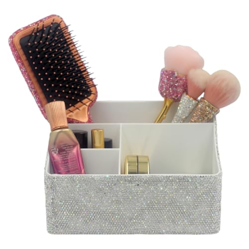 Luxury Bling Rhinestone Multi-functional Organizer Storage? Large Capacity makeup Brushes Lipsticks Storage Box with Compartments for Living Room. Bedroom and office (Siver)