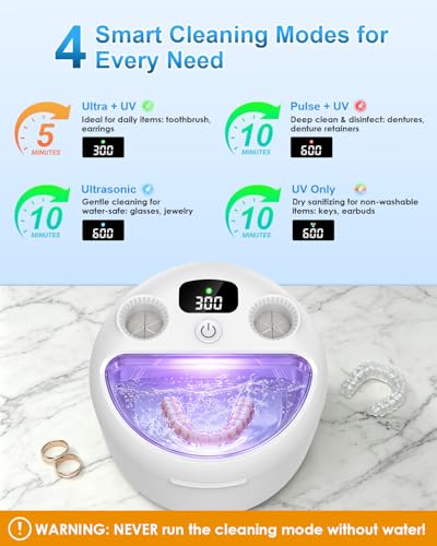 Ultrasonic Denture & Retainer Cleaner 45kHz UV Sterilizer with 200ml Capacity