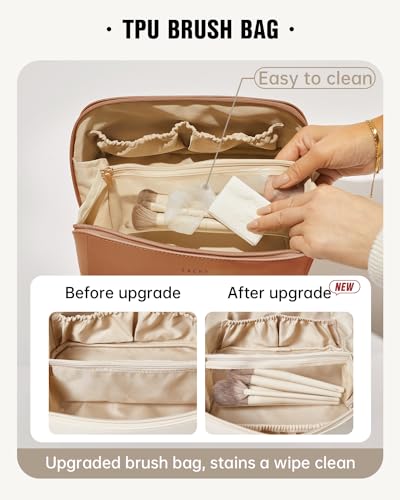 Travel Makeup Bag for Women Large - PU Leather Cosmetic Organizer, Brown, Open-Flat Design