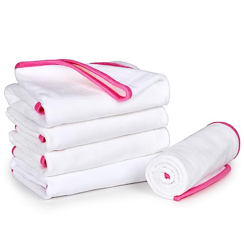 Premium Microfiber Towels - 5 Pack Ideal for Estheticians, Barbers, Salons Extra Thick, High Absorbency, Professional-Grade (White with Pink Border)