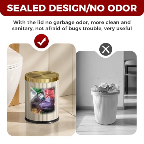 White Gold Bathroom Trash Can with Flipping Lid - 15L/4 Gallon Modern Waste Bin with Steel Cover, Lid, and Durable PU Leather Finish - Variation: 15L White