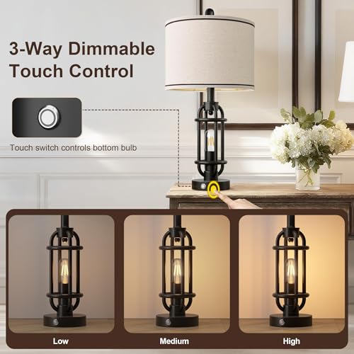 24-Inch Black Table Lamps Set of 2 with USB Ports - Industrial Vintage Nightstand Lights