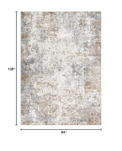 7x9 Area Rug - Washable Neutral Abstract Living Room Carpet - Brown Grey