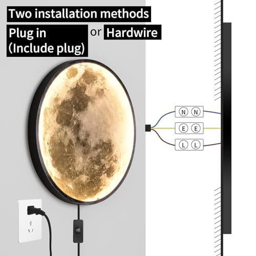 Moon Wall Sconce LED Wall Light - 23.6 Inch Dimmable Black Wall Lamp with Remote
