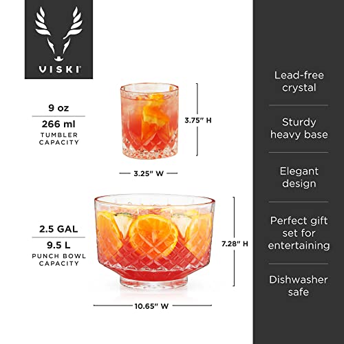 Viski Admiral Punch Bowl Set with 8 Crystal Tumblers, 2.5 Gallons, Dishwasher Safe