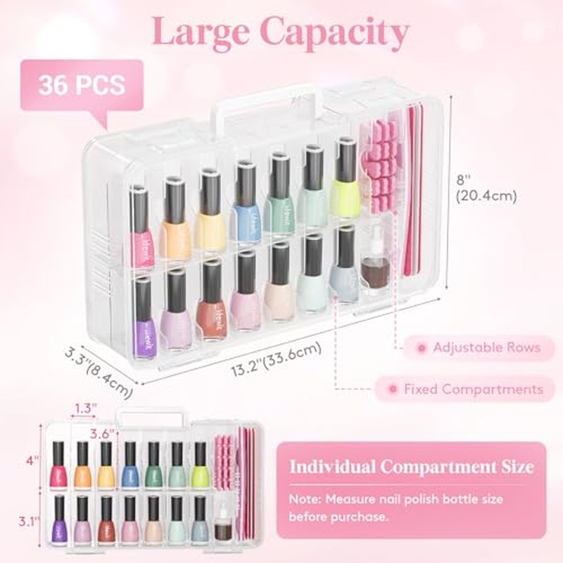 Lifewit Nail Polish Organizer Case for 36 Bottles with 8 Adjustable Sections, Portable Sturdy Gel Nail Polish Storage Holder with 4 Nail Separators, Clear, 33 ¡¿ 8 ¡¿ 20 cm/13 x 3 x 8 inch, 2 Pack