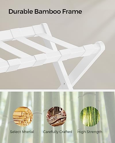 Cloud White Bamboo Luggage Rack with Storage Shelf - Foldable Suitcase Stand