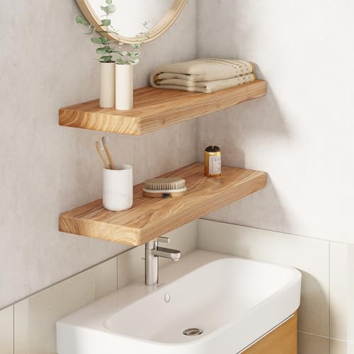 24-Inch Rustic Elm Wood Floating Shelves Set of 2 - Deep Wall Storage with Invisible Brackets