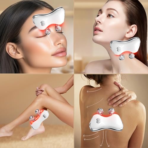 Electric Gua Sha Facial Tools, Facial & Body Massager Tools with Heat and Vibration, 5 LED Lights Gua Sha Device with 2 Metal Roller for Eyes, Neck, Face