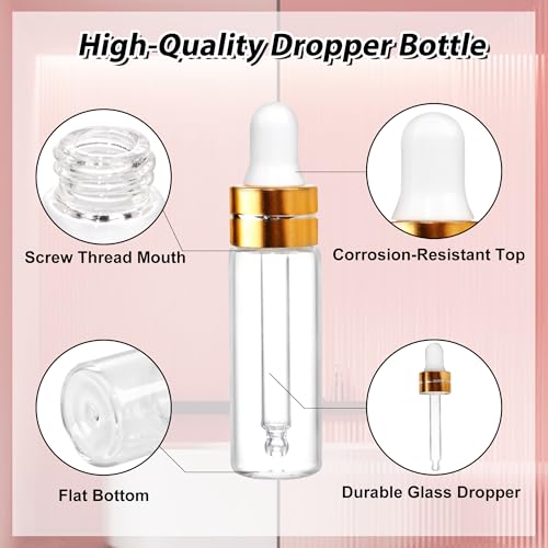 Comrzor 100 Pack 5ml Clear Glass Dropper Bottles with Gold Cap & 4 Dropper Tools