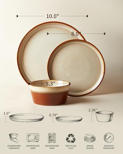 Ceramic Dinnerware Set for 6 - 18 Pieces, Plates & Bowls, Hand-Glazed