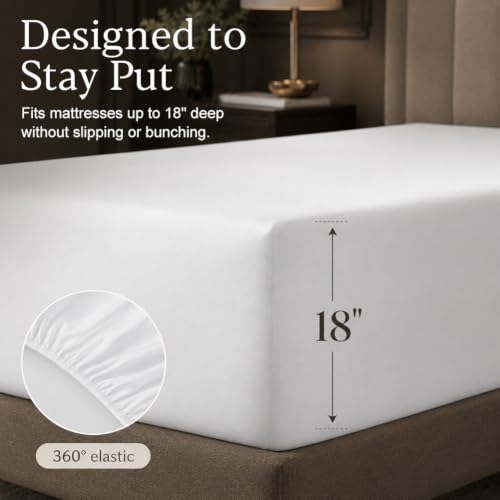 HYPREST White Queen Egyptian Cotton Deep Pocket Bed Sheets 18 Inch Percale